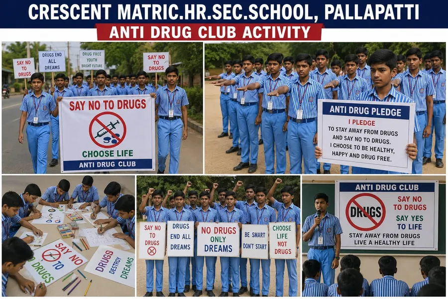 Anti Drug Club members holding awareness placards and taking the anti-drug pledge