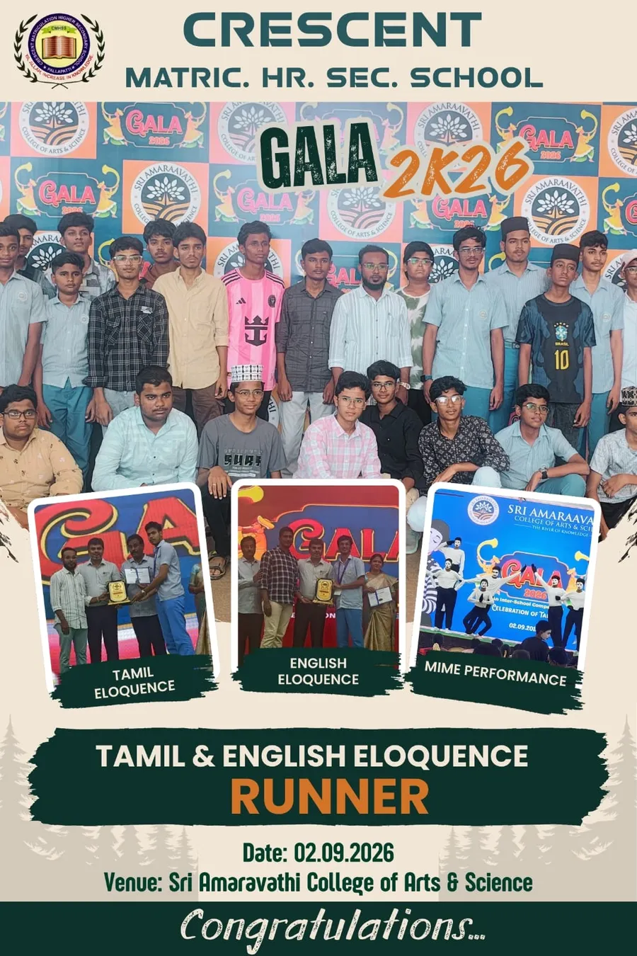 Crescent students with their certificates after placing runner-up in the Tamil and English eloquence events at GALA 2K26
