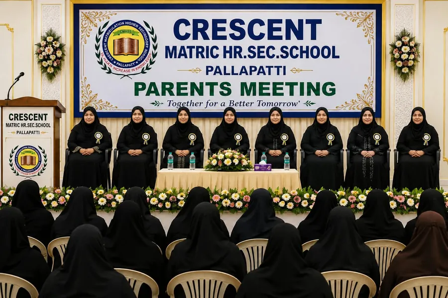 School staff seated on stage addressing parents at a Crescent parents’ meeting