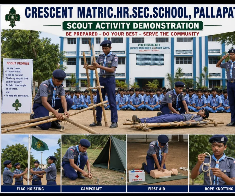 Scouts demonstrating flag hoisting, campcraft, first aid and rope knotting during a scout activity display