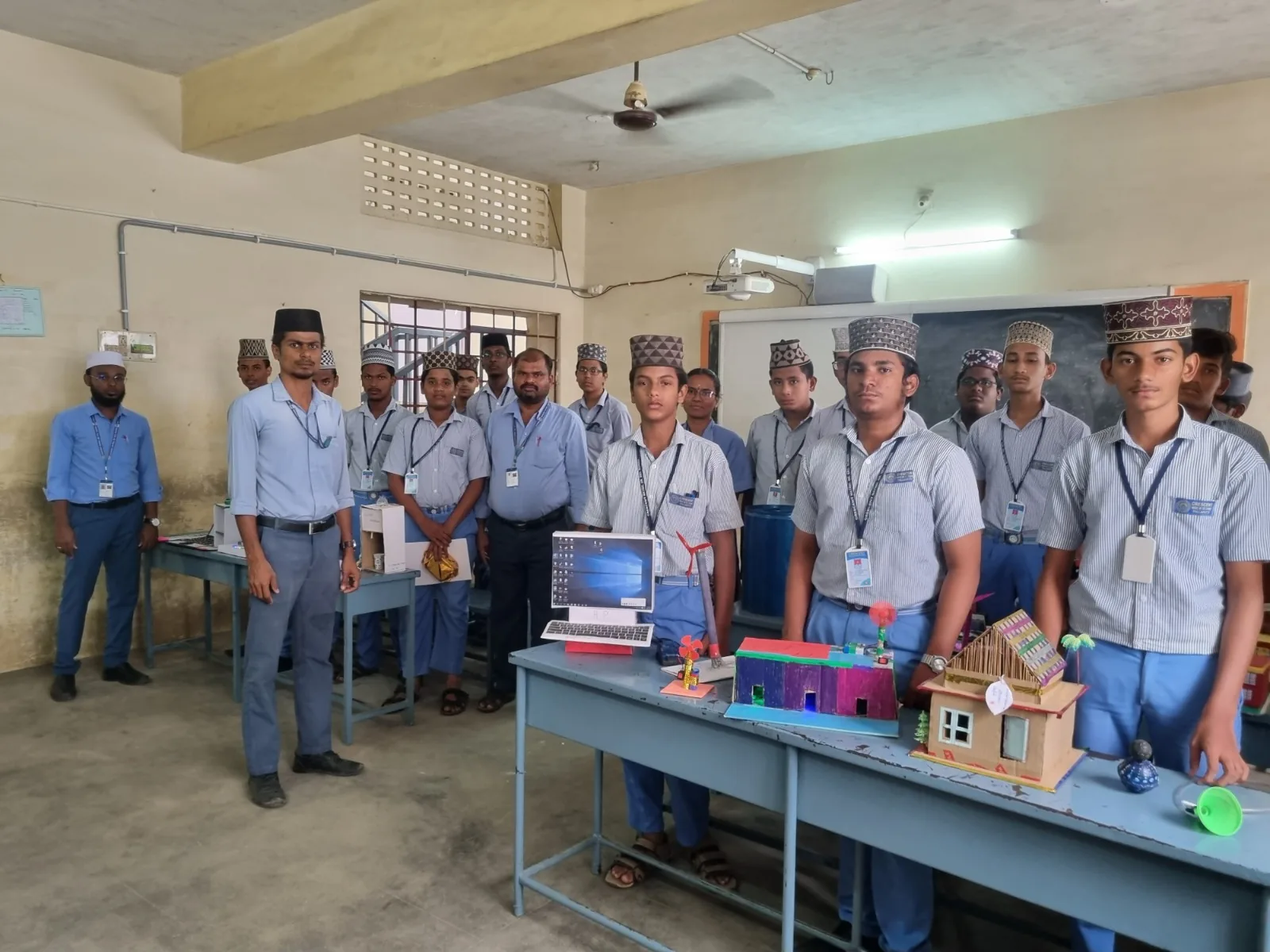 Students presenting projects at a school exhibition